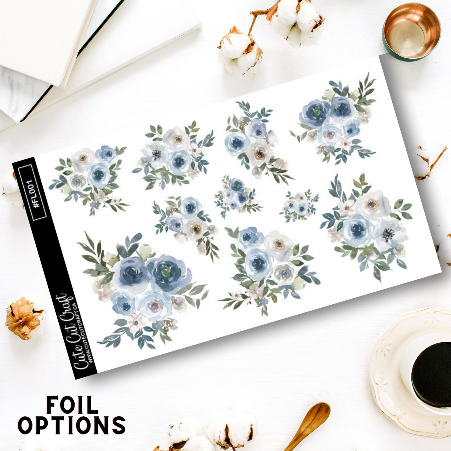 Blue Blush Florals || Decorative Foiled Sheet